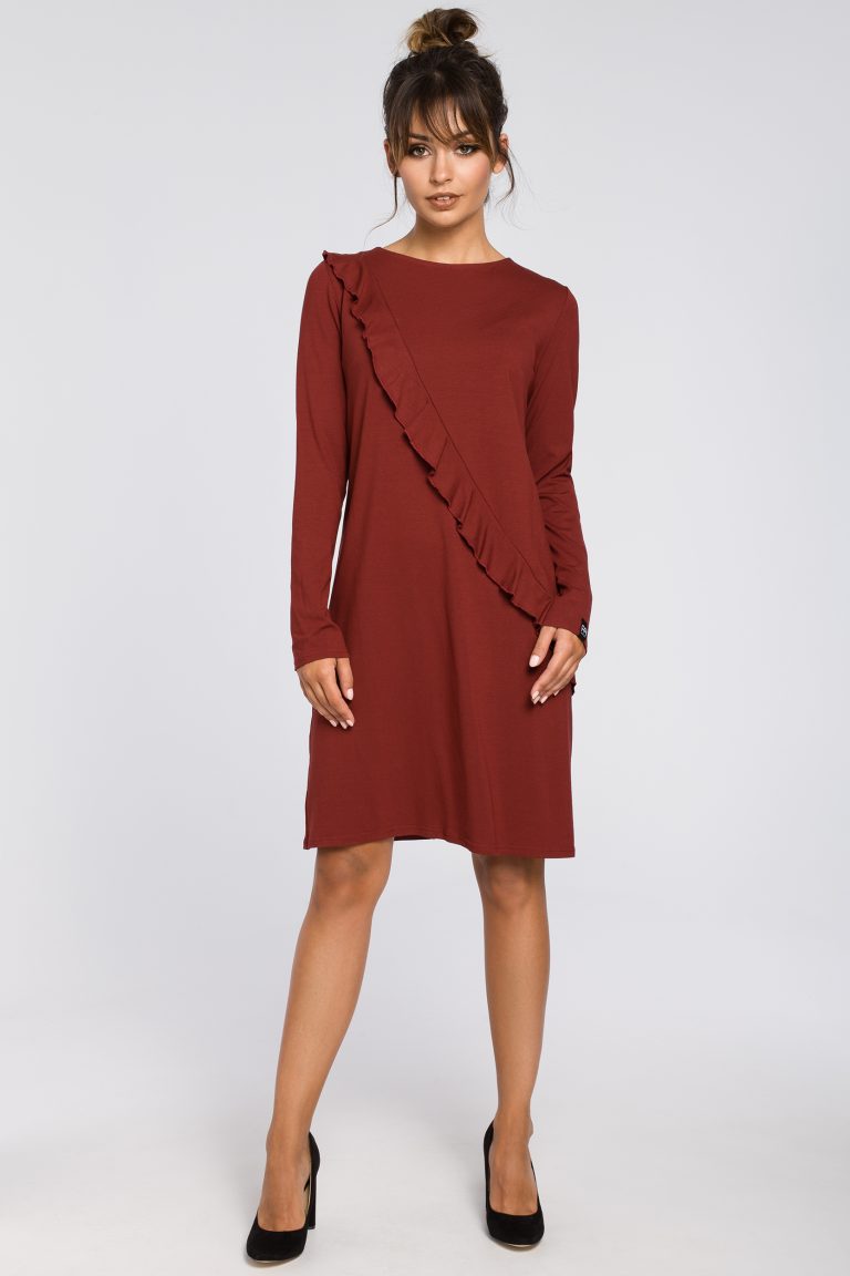 B053 Long Sleeved Shift Dress With A Ruffle Bewear 2821