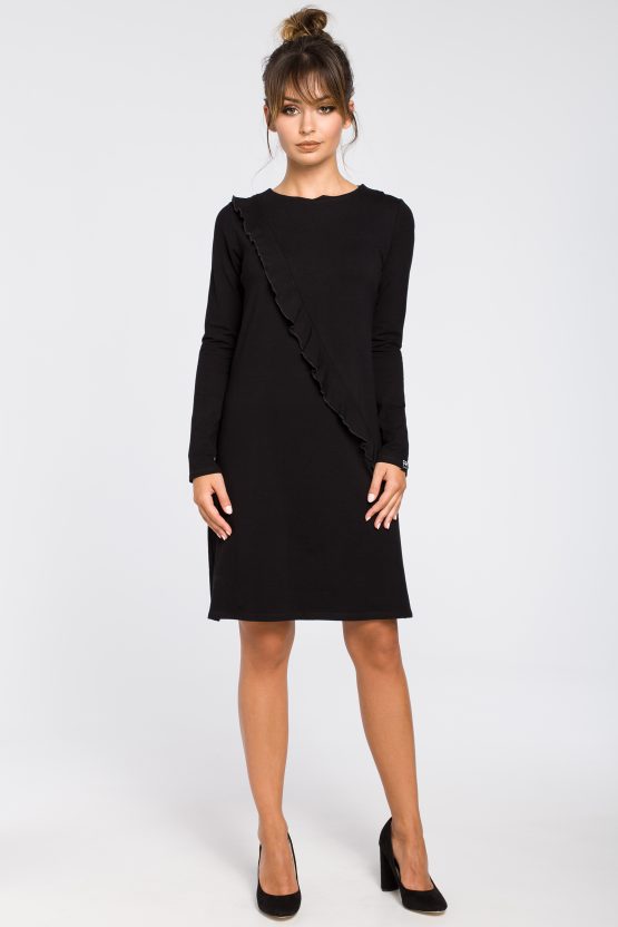 B053 LONG SLEEVED SHIFT DRESS WITH A RUFFLE – BeWear